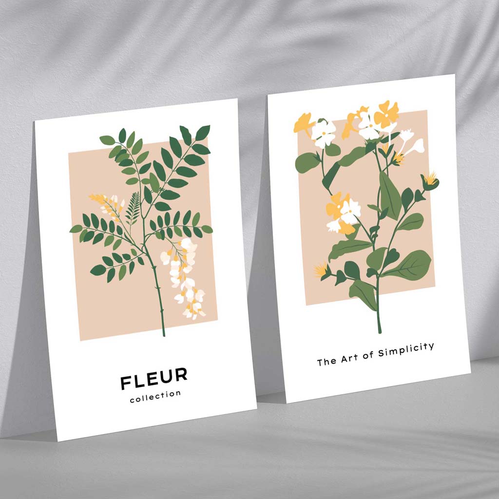 Sett med 2 kunsttrykk med beige og grønne villblomstmotiver i rammer