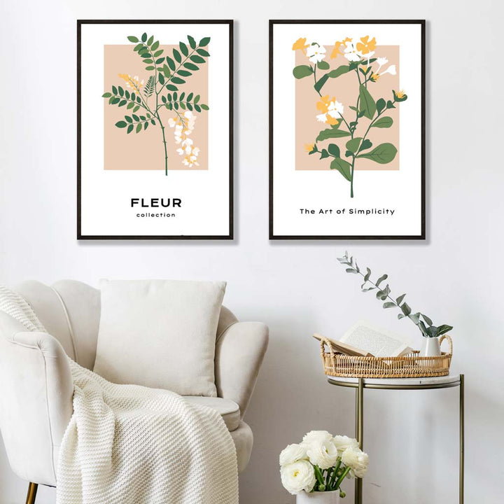 Sett med 2 kunsttrykk med beige og grønne villblomstermotiver