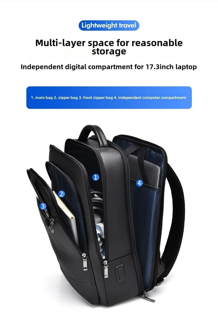 Skanto | Elegant lær ryggsekk for menn/kvinner med USB-port for laptop og hverdagsbruk, 15,6 tommer, svart