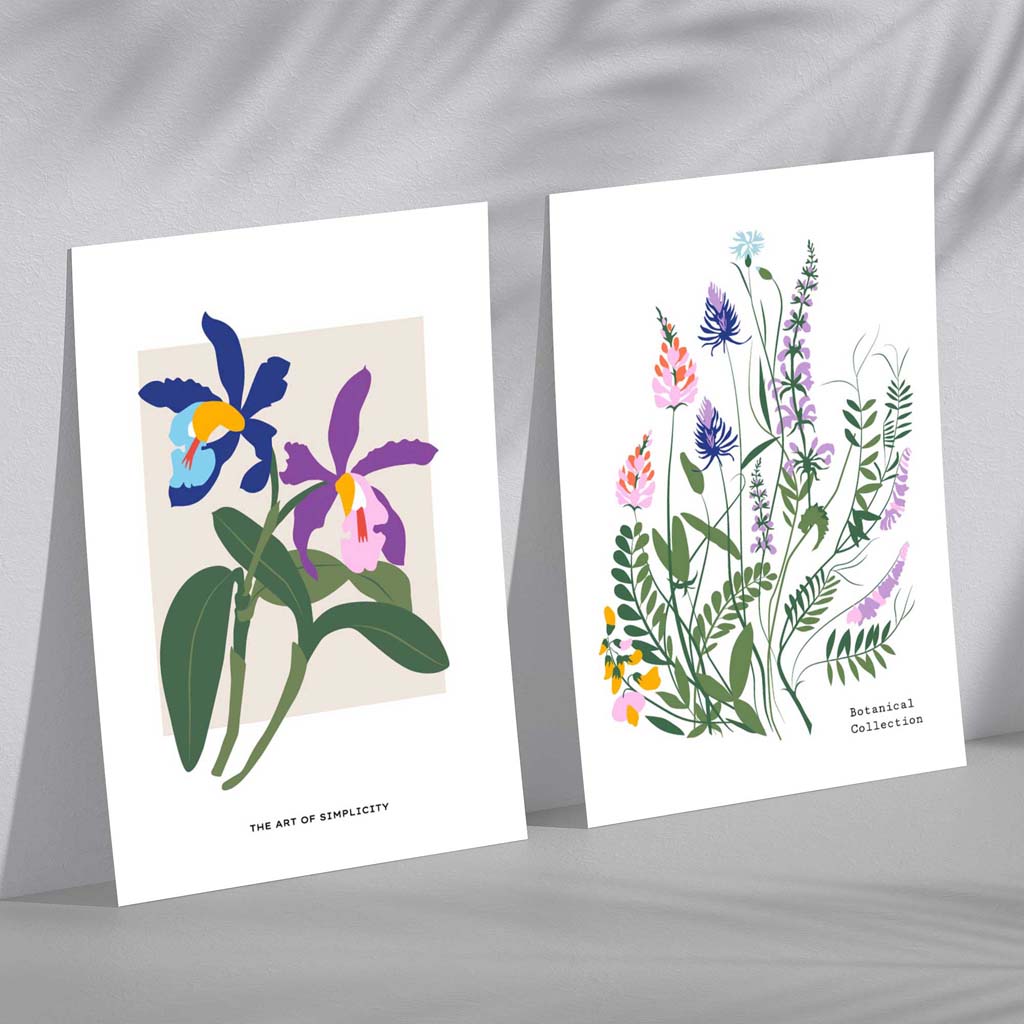 Fargerik vårblomstillustrasjon, innrammet sett med 2 kunsttrykk