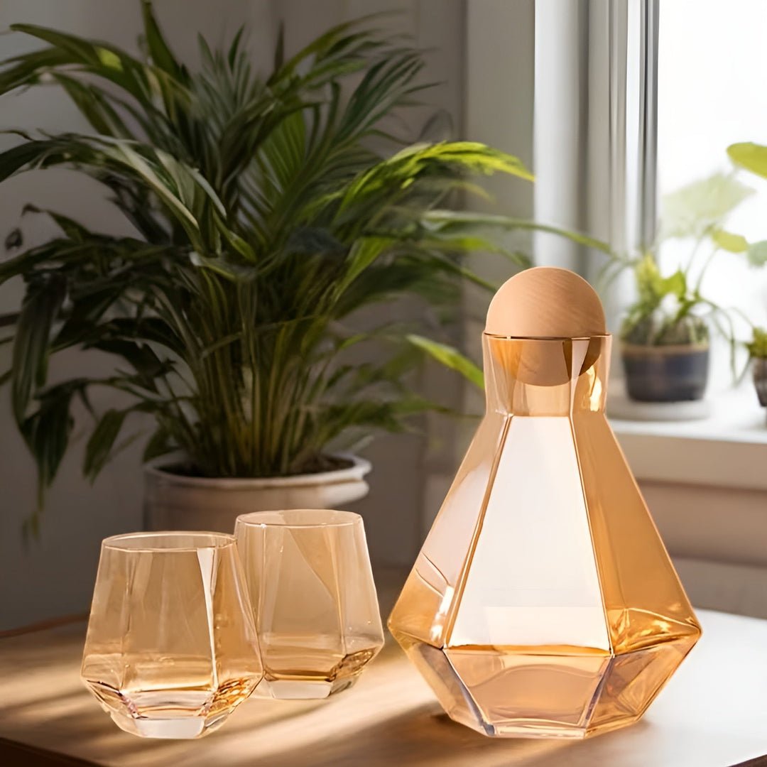 Diamantglasskaraffesett med 4 glasurer – moderne og dekorativt | 5-delers sett med lokk for vann, juice og kullsyreholdig vann