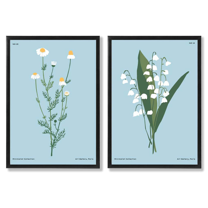 Illustrasjon av en blå villblomst, innrammet sett med 2 kunsttrykk