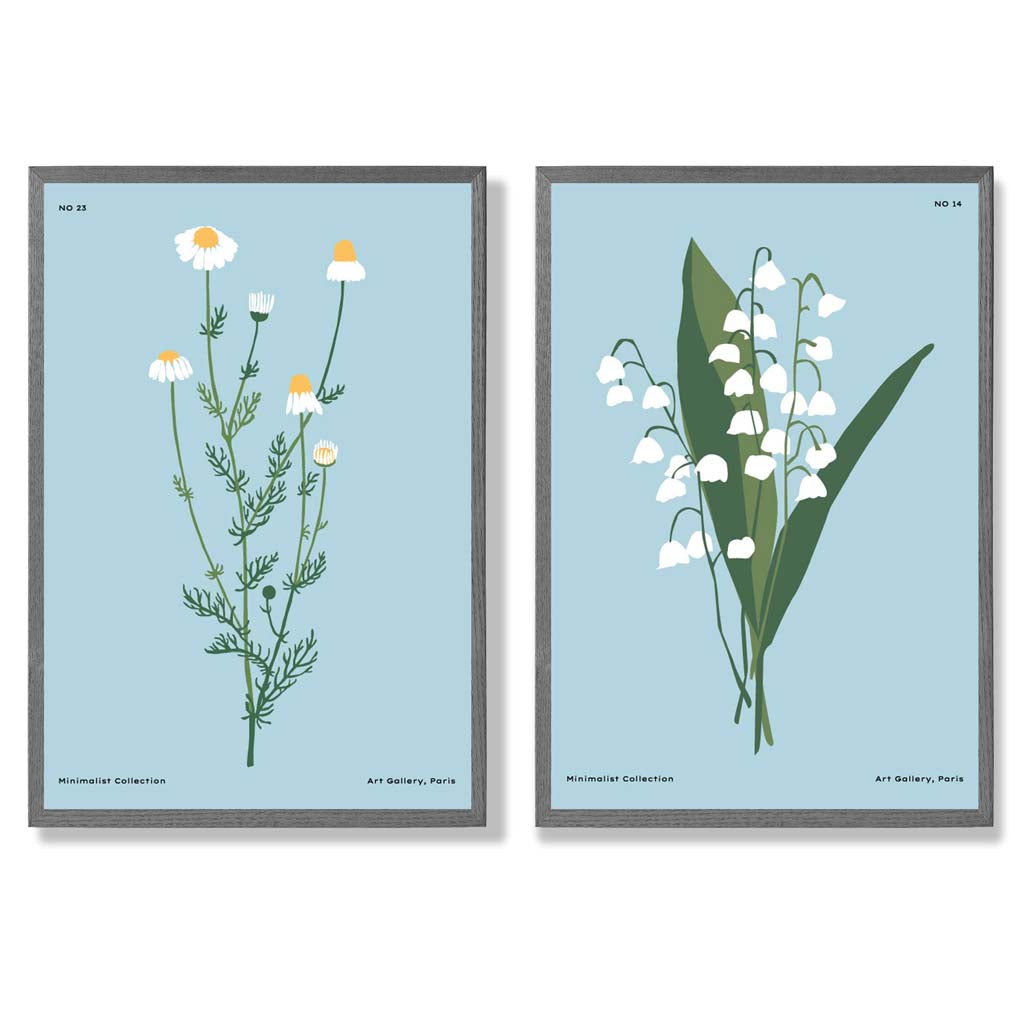 Illustrasjon av en blå villblomst, innrammet sett med 2 kunsttrykk