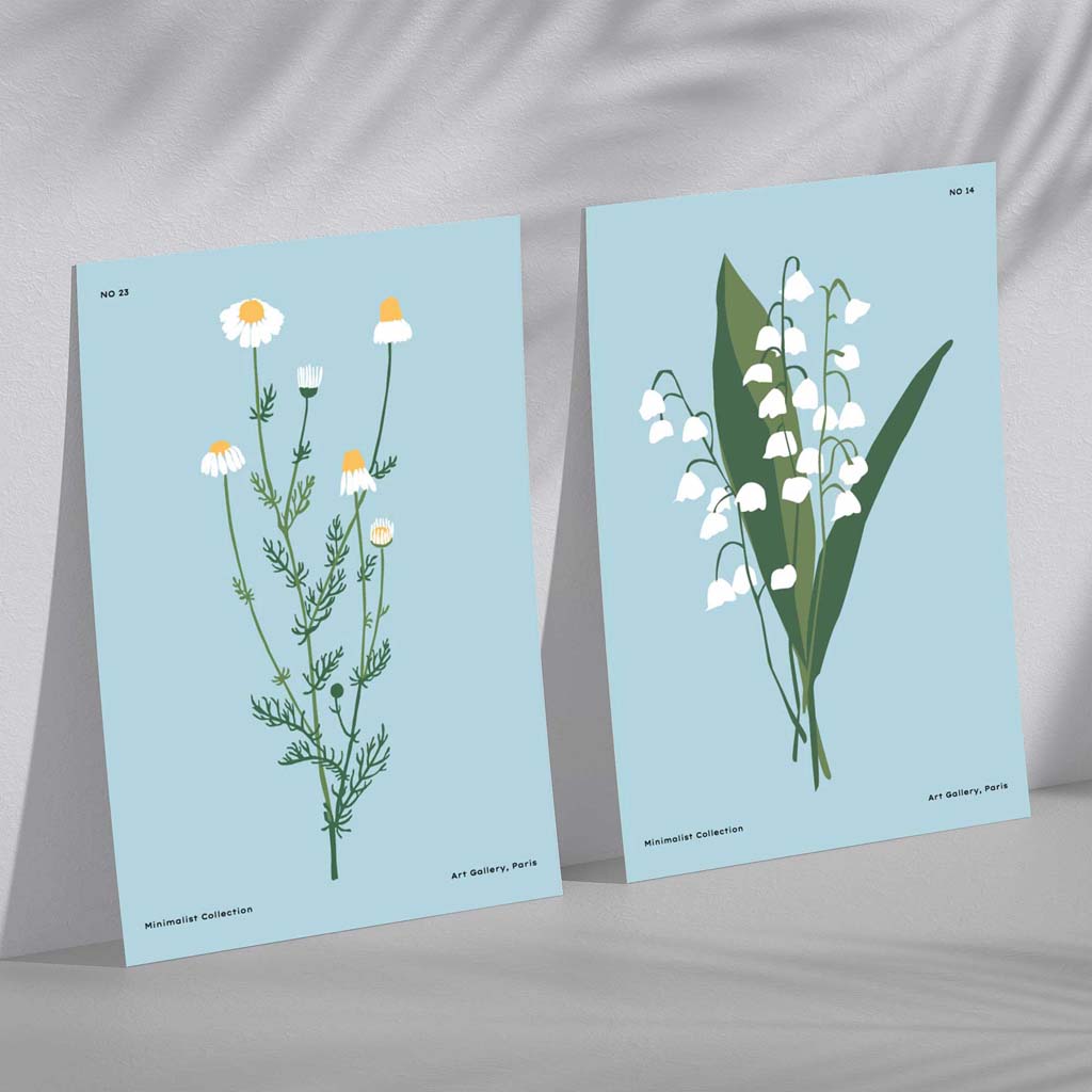 Sett med illustrasjoner av blå markblomster og 2 kunsttrykk