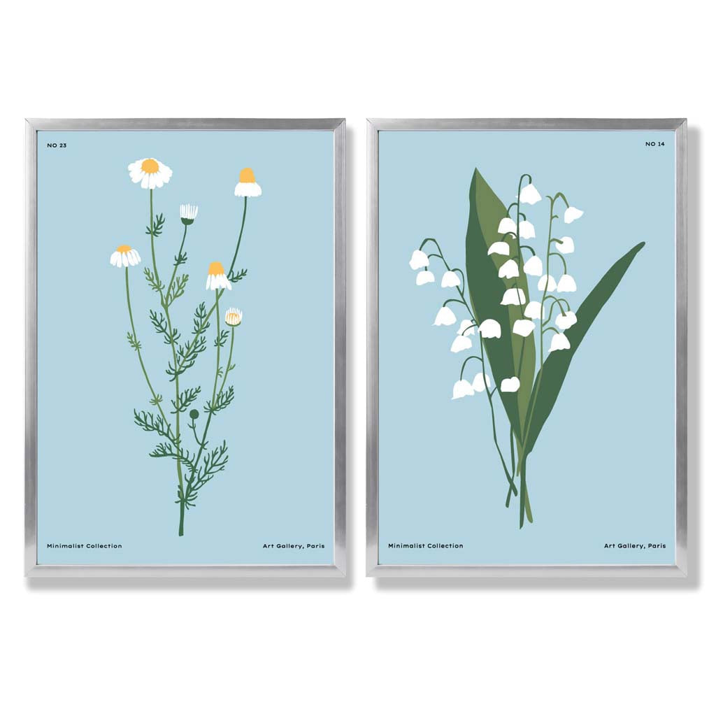 Illustrasjon av en blå villblomst, innrammet sett med 2 kunsttrykk