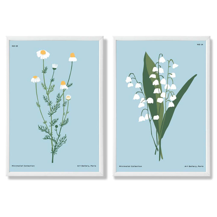 Illustrasjon av en blå villblomst, innrammet sett med 2 kunsttrykk