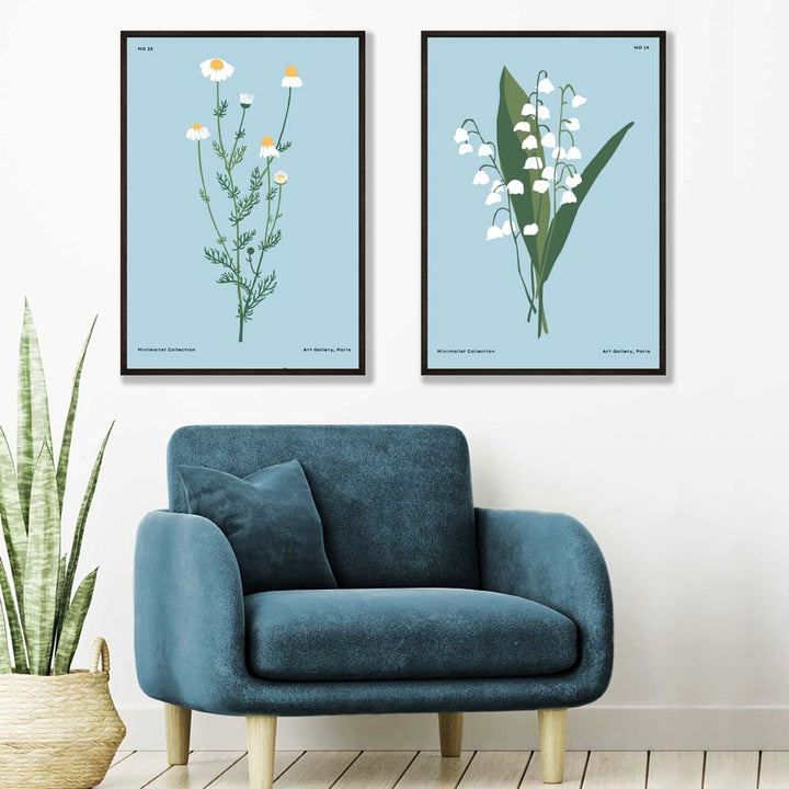 Illustrasjon av en blå villblomst, innrammet sett med 2 kunsttrykk