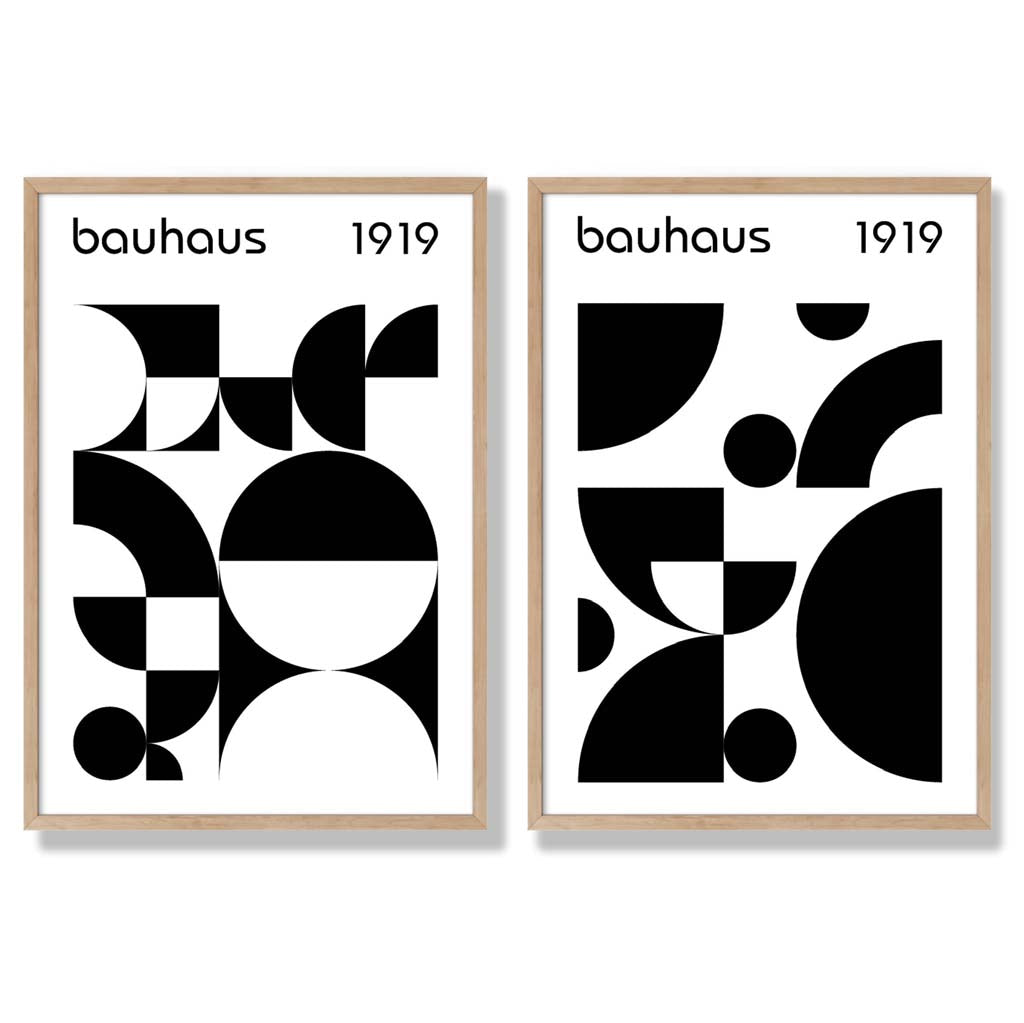 Bauhaus-stil, svart-hvitt, midten av 1900-tallet, innrammet sett med 2 kunsttrykk