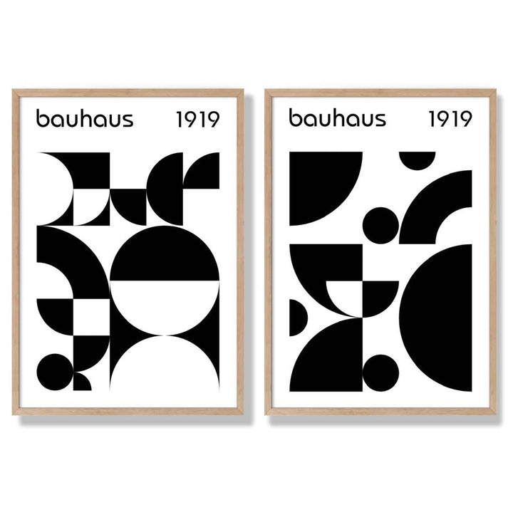 Bauhaus-stil, svart-hvitt, midten av 1900-tallet, innrammet sett med 2 kunsttrykk