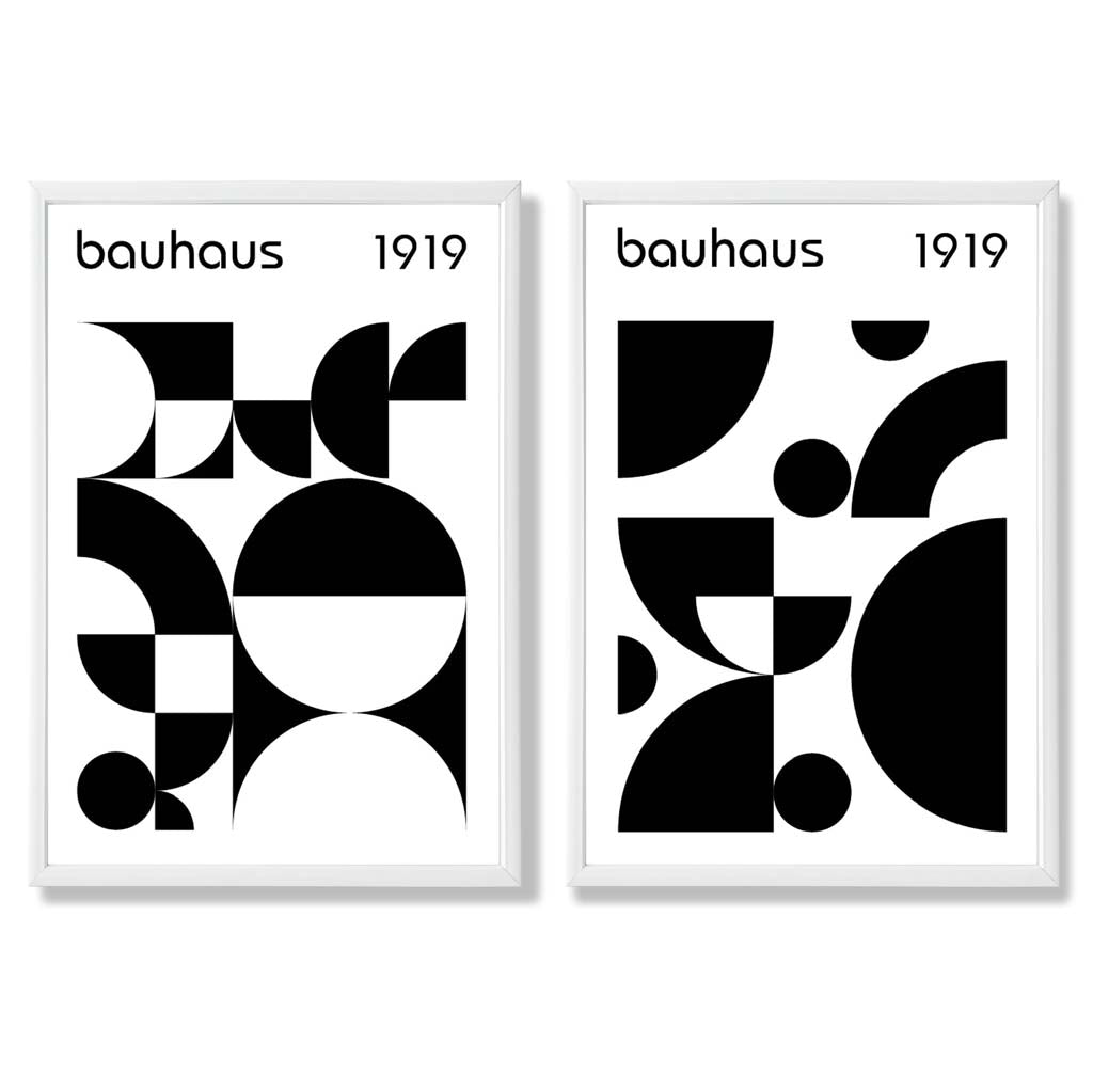 Bauhaus-stil, svart-hvitt, midten av 1900-tallet, innrammet sett med 2 kunsttrykk