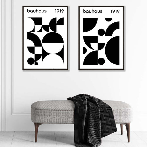 Bauhaus-stil, svart-hvitt, midten av 1900-tallet, innrammet sett med 2 kunsttrykk