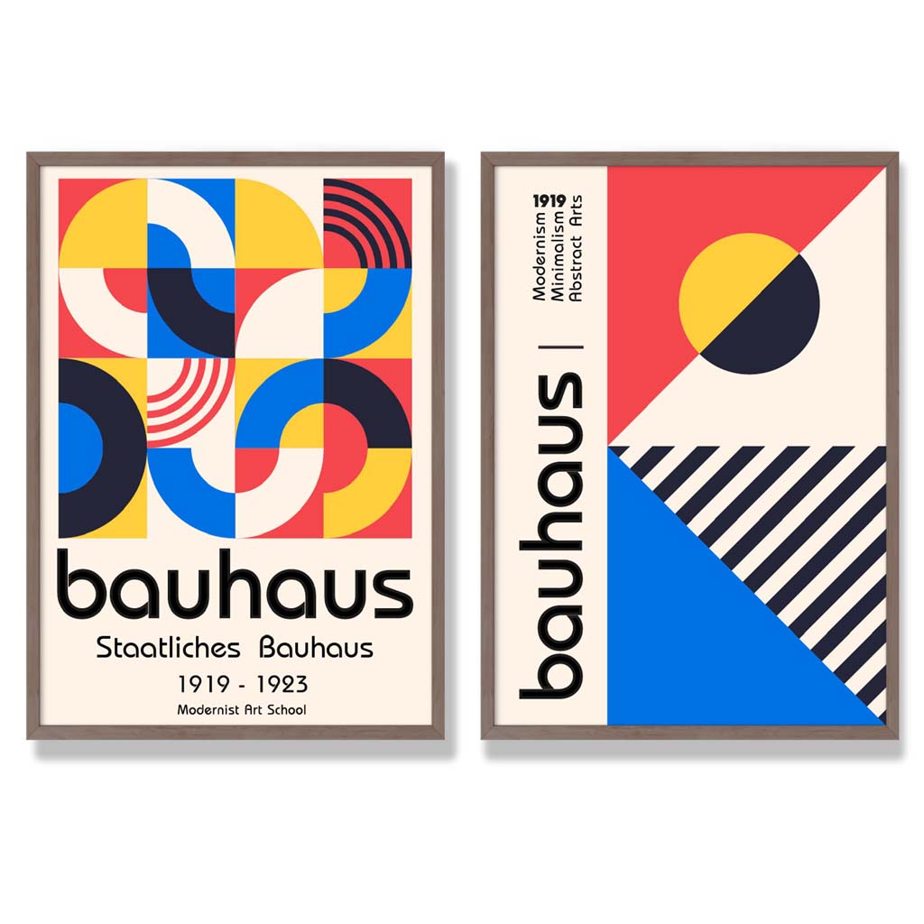 Bauhaus-stil, rød og blå, midten av århundret, innrammet sett med 2 kunsttrykk