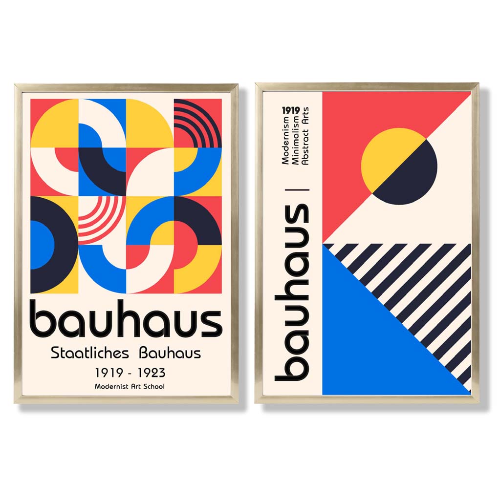 Bauhaus-stil, rød og blå, midten av århundret, innrammet sett med 2 kunsttrykk