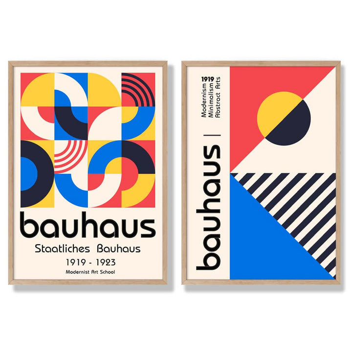 Bauhaus-stil, rød og blå, midten av århundret, innrammet sett med 2 kunsttrykk