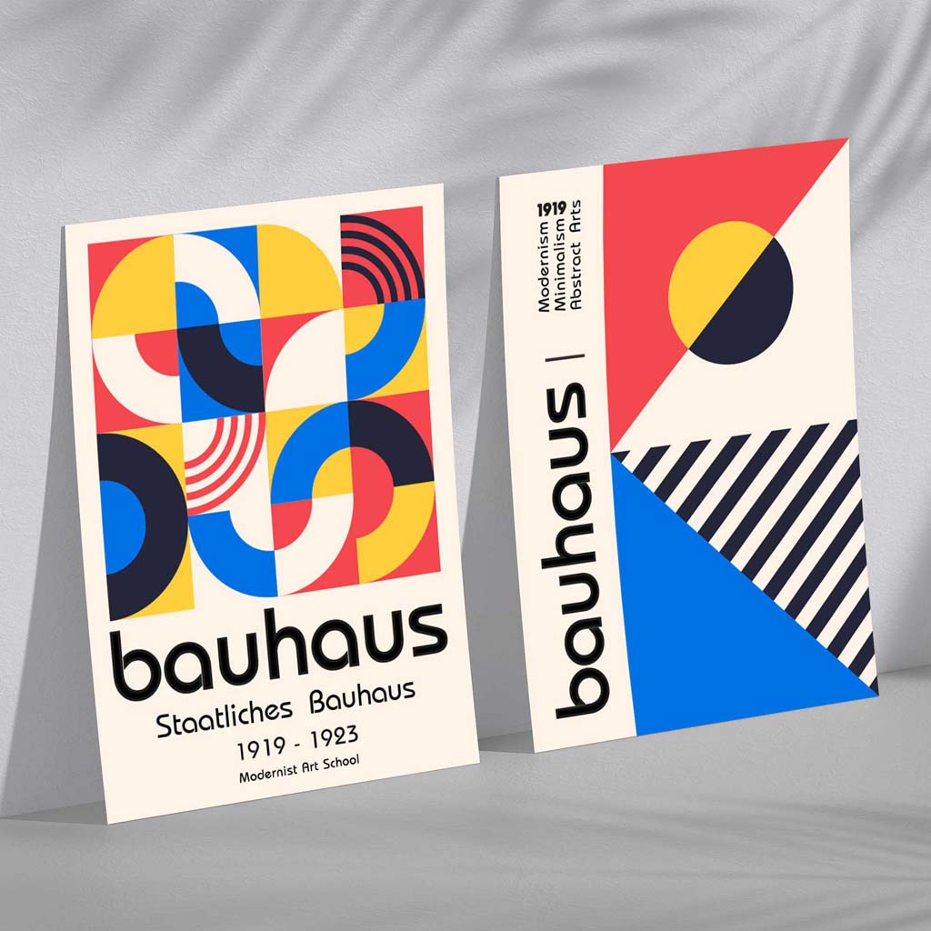 Bauhaus-stil, rød og blå, midten av århundret, innrammet sett med 2 kunsttrykk