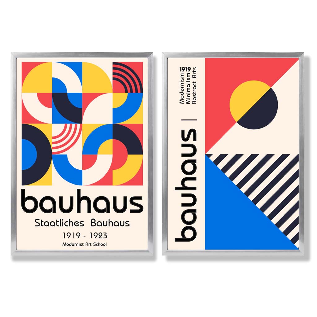 Bauhaus-stil, rød og blå, midten av århundret, innrammet sett med 2 kunsttrykk