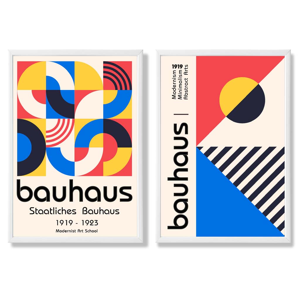 Bauhaus-stil, rød og blå, midten av århundret, innrammet sett med 2 kunsttrykk