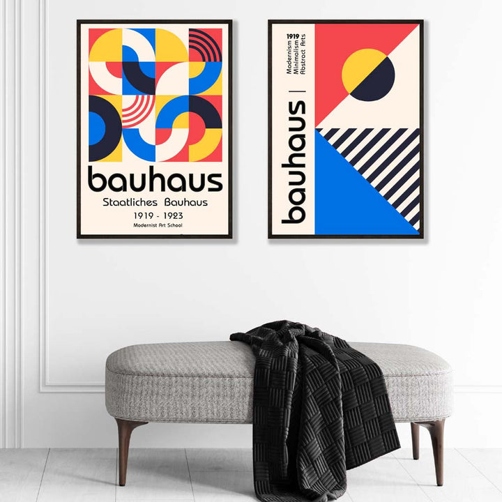 Bauhaus-stil, rød og blå, midten av århundret, innrammet sett med 2 kunsttrykk