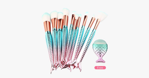Skanto | Havfrue Sminkekostsett med GRATIS Konturkost - Profesjonell Kosmetikkost for Øyenskygge, Eyeliner, Rouge & Concealer