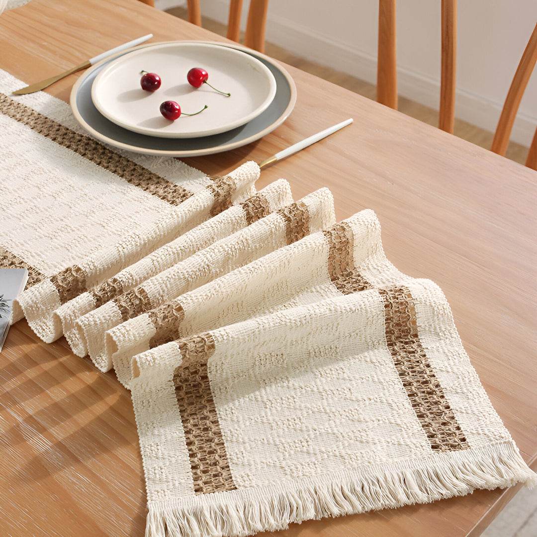 Boho Makrame Bomull Lin Table Runner med Frynser | Skanto