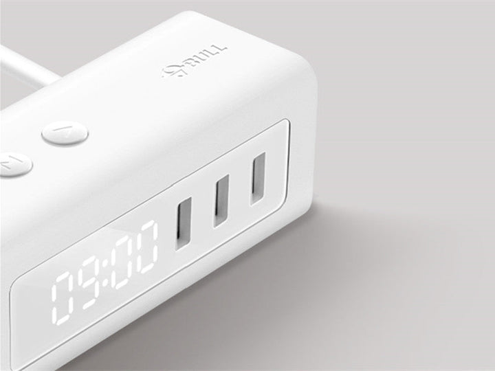 Skanto | 3-i-1 USB-lader, strømstripe, vekkerklokke, med justerbart lys, 3 USB-porter og 2 uttak, for nattbord, hjem, hotell, kontor
