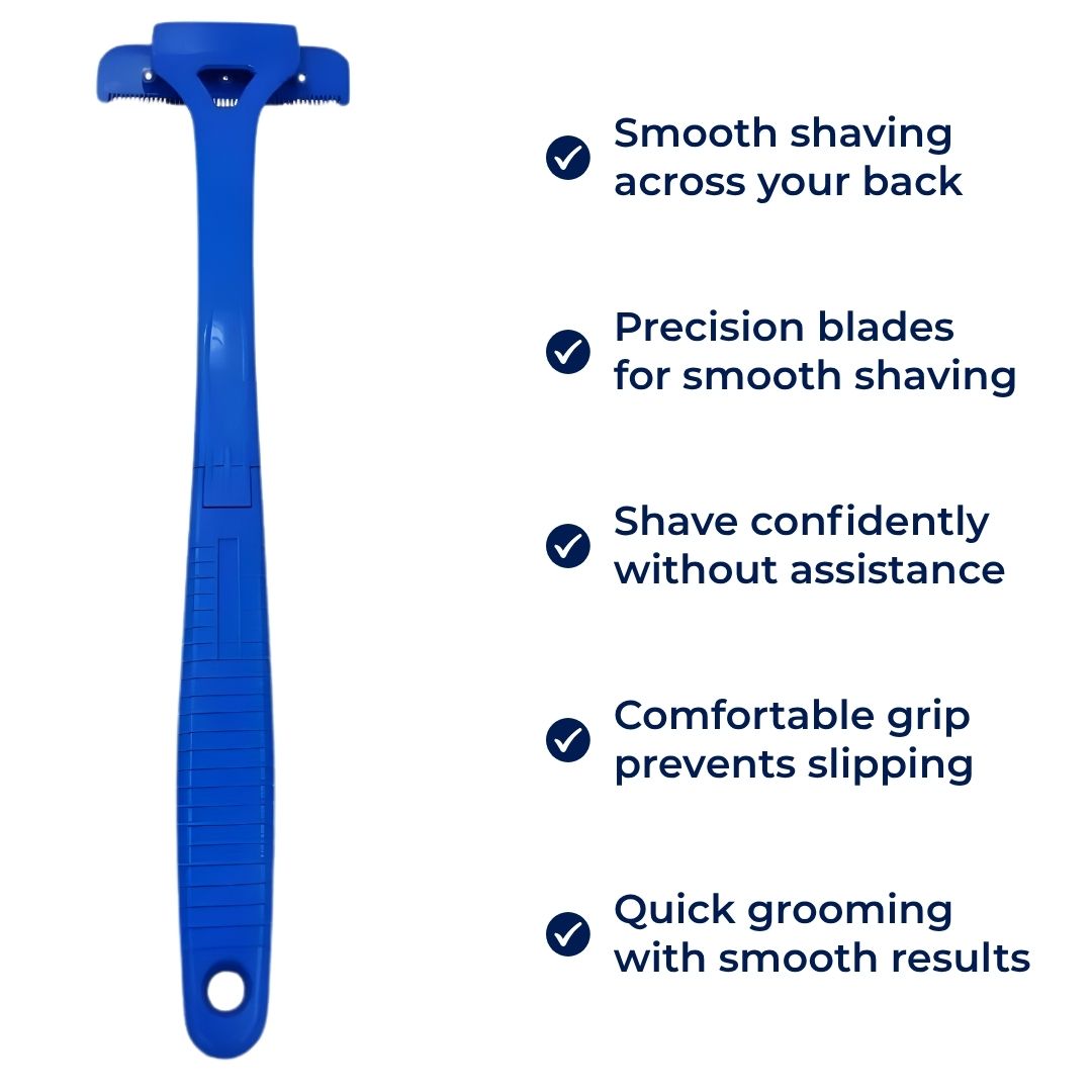 Ekstra-lang håndtak rekkevidde – Skarpe rustfrie blader – Jevn smertefri barbering – Uanstrengt DIY grooming for menn Skanto