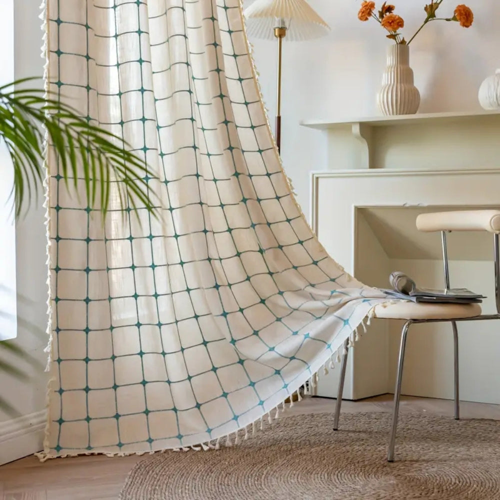 Skanto | Turkis Rutenett Boho Frynse Gardin