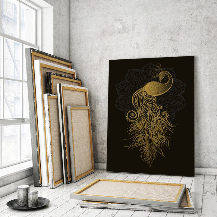 Abstract Golden Mandala Påfugl - Lærret Vegkunst Maleri | Skanto