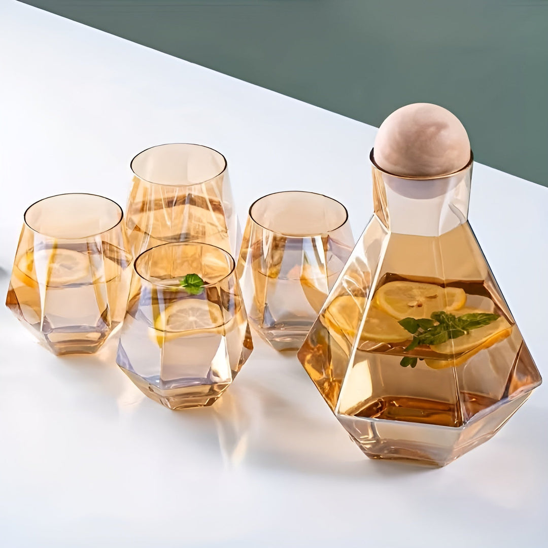 Diamantglasskaraffesett med 4 glasurer – moderne og dekorativt | 5-delers sett med lokk for vann, juice og kullsyreholdig vann