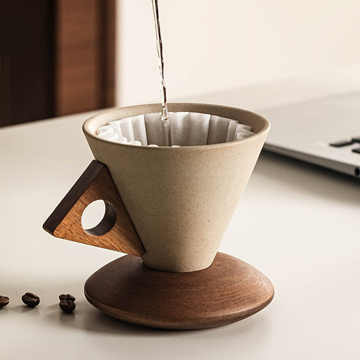Skanto | BaristaLuxe Keramisk Kaffe-Kopp 250ml – Håndlaget med Trehåndtak og Underlag