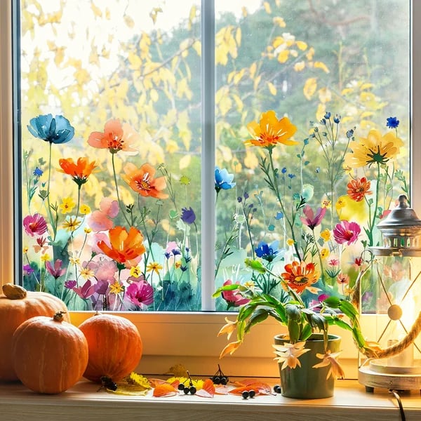 Skanto | 💐 Fargerik Blomsterbukett Vindu Klistremerke 🖼️ (Fjernbar uten å etterlate merker)