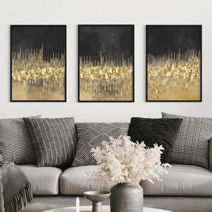 Abstract Golden Cityscape På Svart Akvarell Lerret Trykk Vegg Kunst Lys Luksus Bilder For Stue Soverom Hjemmekontor Dekor | Skanto