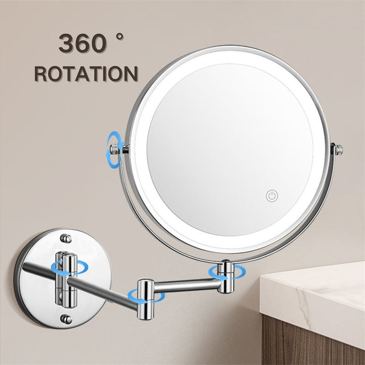 Skanto | Oppladbar veggmontert barberingsspeil | 360° rotasjon. 1X/10X forstørrelse og justerbar LED-belysning for bruk på badet