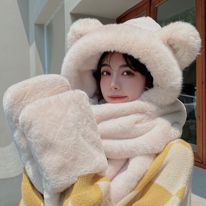 Skanto | 3-i-1 Cure Plush Bear Øre Vinterlue med skjerf og hansker