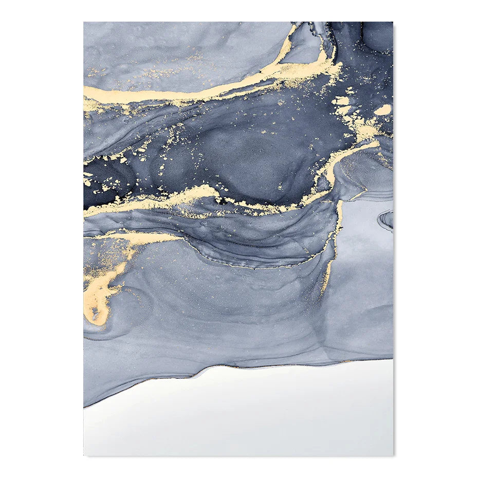 Nyansene av blå abstrakt flytende marmor veggkunst Fine Art lerretstrykk med gyldne aksenter bilder for stue moderne soveroms kunstdekor | Skanto
