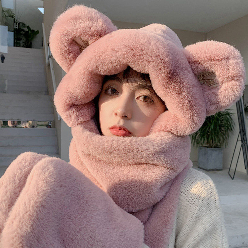 Skanto | 3-i-1 Cure Plush Bear Øre Vinterlue med skjerf og hansker