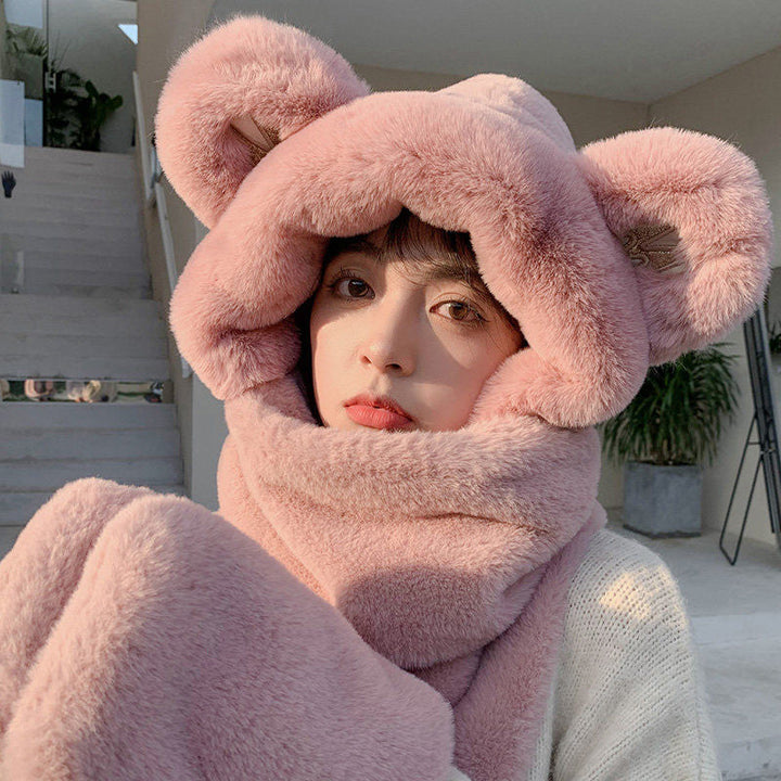 Skanto | 3-i-1 Cure Plush Bear Øre Vinterlue med skjerf og hansker