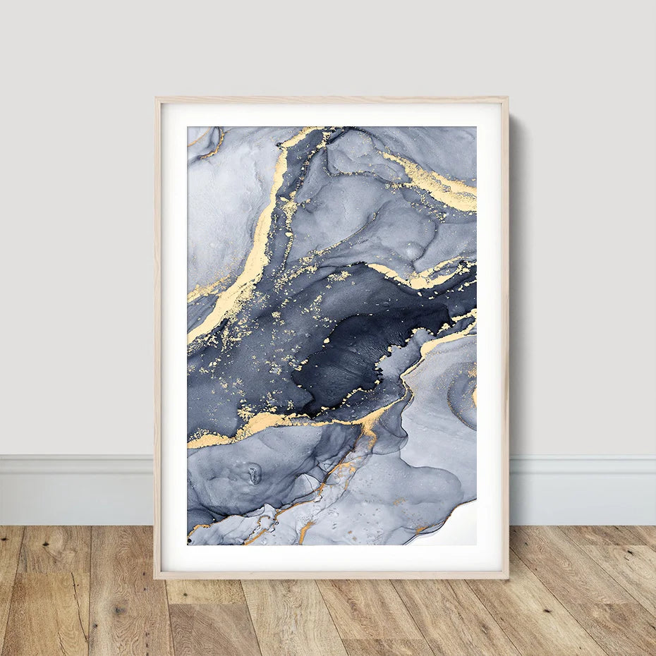 Nyansene av blå abstrakt flytende marmor veggkunst Fine Art lerretstrykk med gyldne aksenter bilder for stue moderne soveroms kunstdekor | Skanto