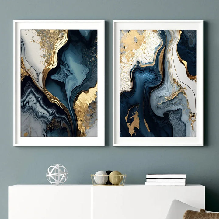 Dyp havblå gylden marmorprint veggkunst fine art lerretsutskrifter plakater bilder for stue spisestue lett luksuriøs hjemmedekor | Skanto