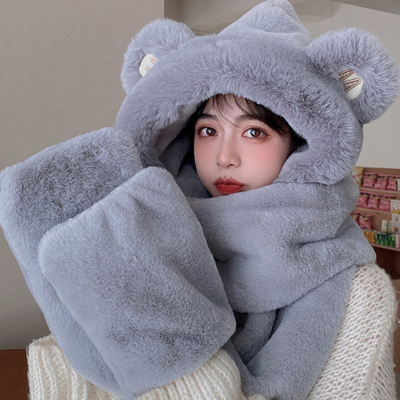 Skanto | 3-i-1 Cure Plush Bear Øre Vinterlue med skjerf og hansker