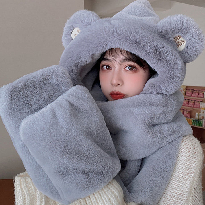 Skanto | 3-i-1 Cure Plush Bear Øre Vinterlue med skjerf og hansker