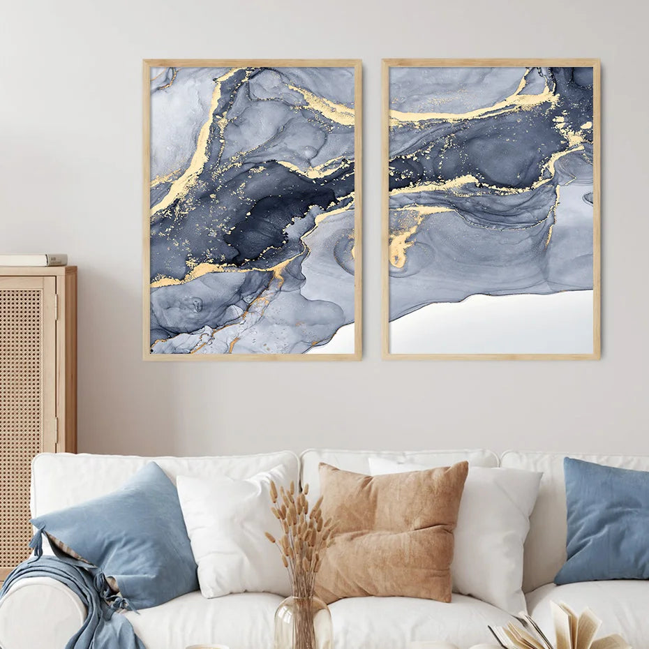 Nyansene av blå abstrakt flytende marmor veggkunst Fine Art lerretstrykk med gyldne aksenter bilder for stue moderne soveroms kunstdekor | Skanto