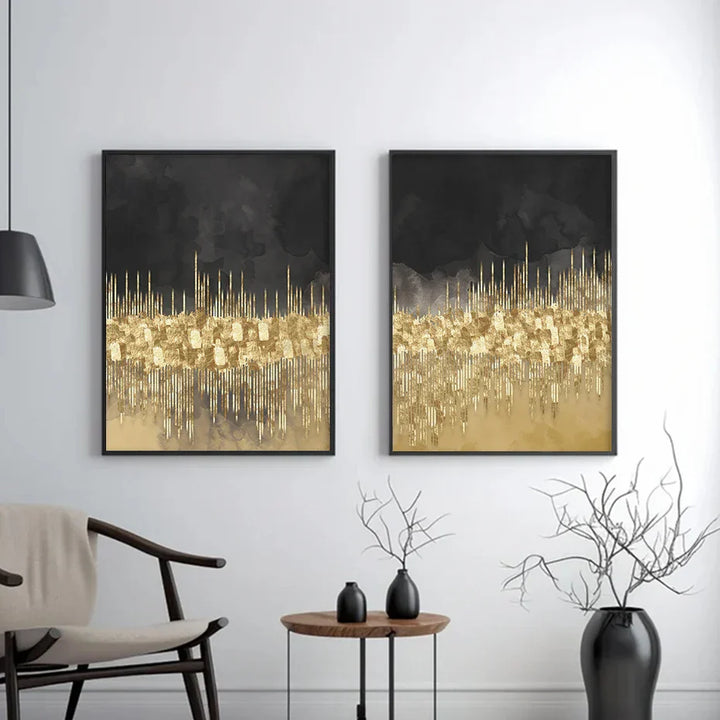 Abstract Golden Cityscape På Svart Akvarell Lerret Trykk Vegg Kunst Lys Luksus Bilder For Stue Soverom Hjemmekontor Dekor | Skanto