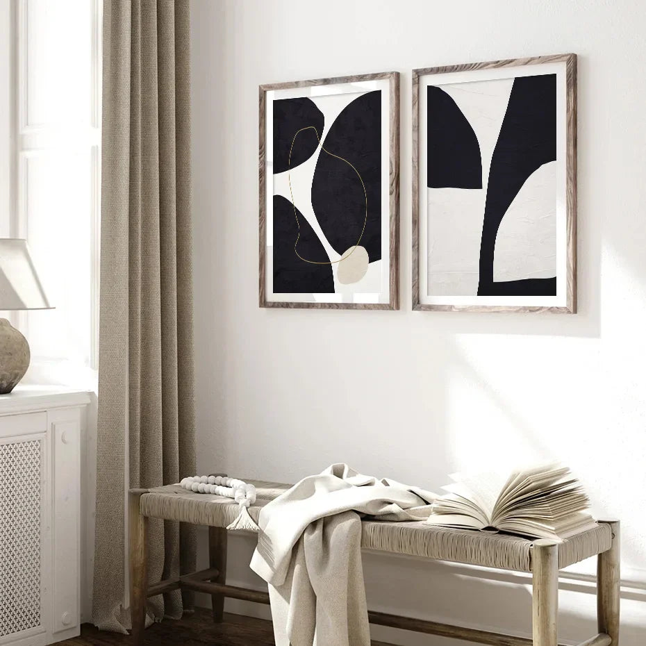 Nordic Minimalist Abstrakt Beige Svart Form &amp; Linje Veggkunst Fine Art Lerretsutskrifter Bilder For Moderne Stue Soveromsdekor | Skanto