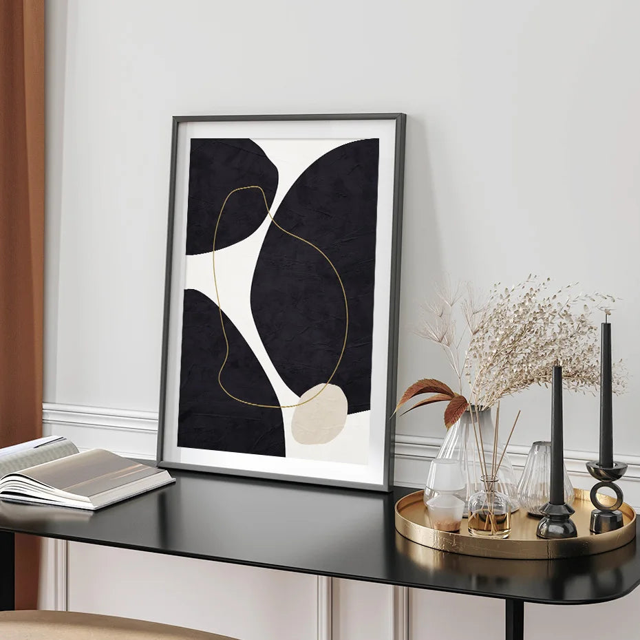 Nordic Minimalist Abstrakt Beige Svart Form &amp; Linje Veggkunst Fine Art Lerretsutskrifter Bilder For Moderne Stue Soveromsdekor | Skanto