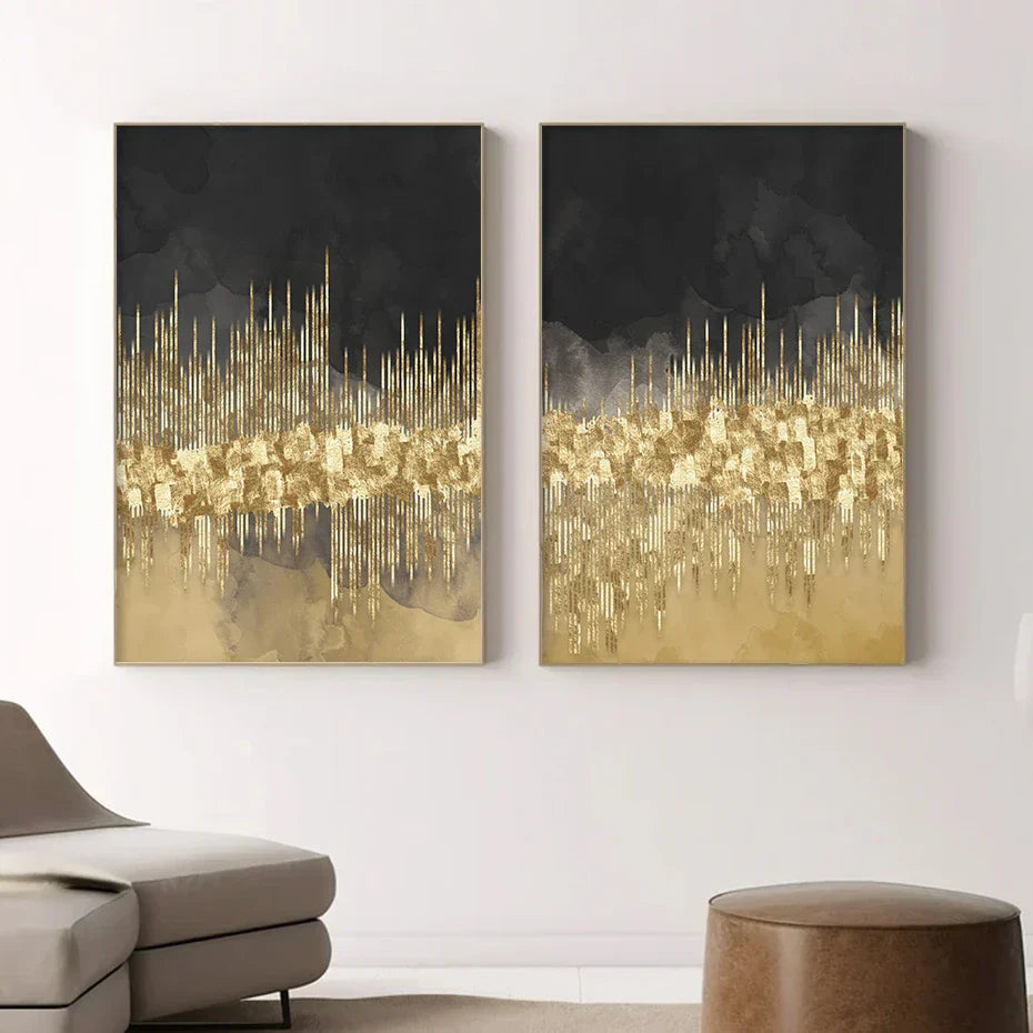 Abstract Golden Cityscape På Svart Akvarell Lerret Trykk Vegg Kunst Lys Luksus Bilder For Stue Soverom Hjemmekontor Dekor | Skanto