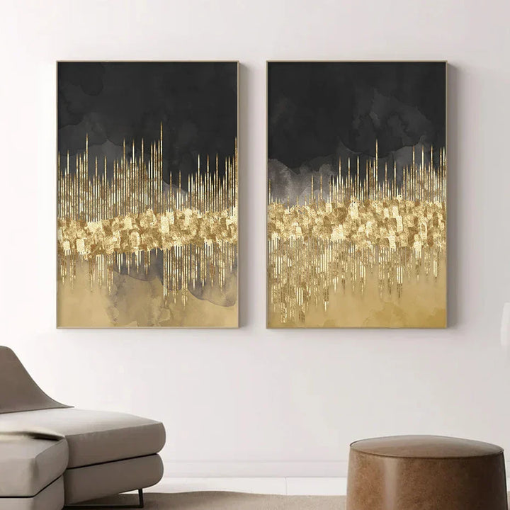 Abstract Golden Cityscape På Svart Akvarell Lerret Trykk Vegg Kunst Lys Luksus Bilder For Stue Soverom Hjemmekontor Dekor | Skanto
