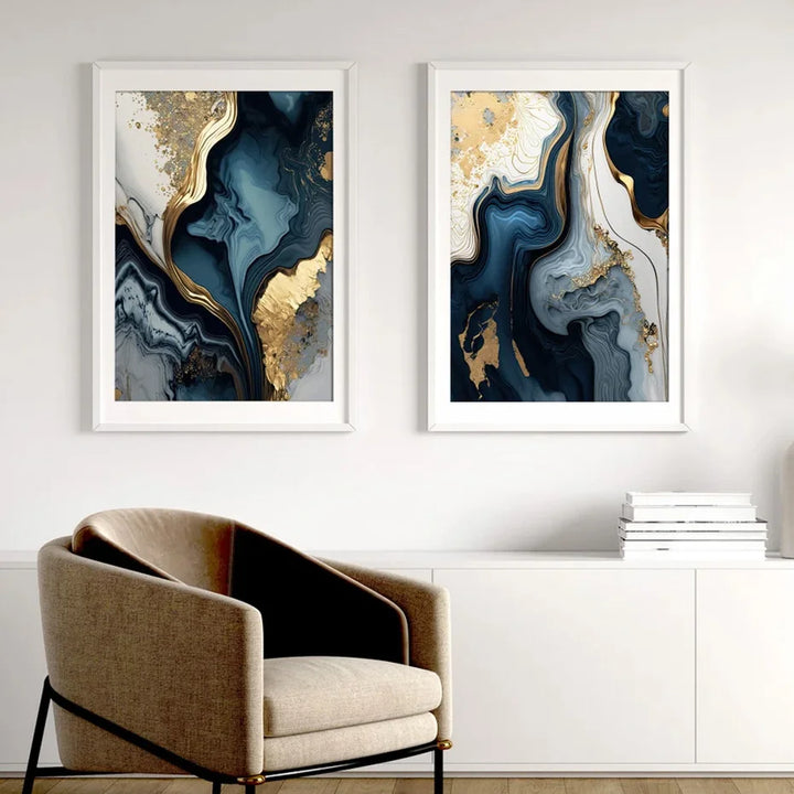 Dyp havblå gylden marmorprint veggkunst fine art lerretsutskrifter plakater bilder for stue spisestue lett luksuriøs hjemmedekor | Skanto