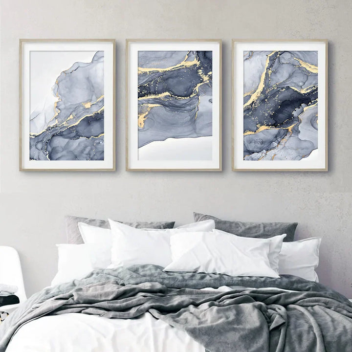 Nyansene av blå abstrakt flytende marmor veggkunst Fine Art lerretstrykk med gyldne aksenter bilder for stue moderne soveroms kunstdekor | Skanto