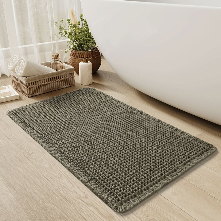 Skanto | AbsorbEase | Waffle Bath Mat with Fringes – Quick-Dry & Non-Slip